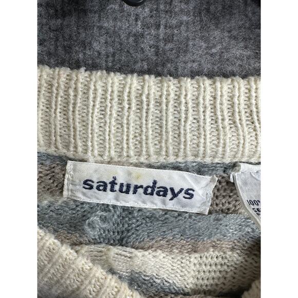 Vtg 90s Saturdays Sweater Mens Small Biggie 3D Knit Cosby Gray Cream - Picture 4 of 7